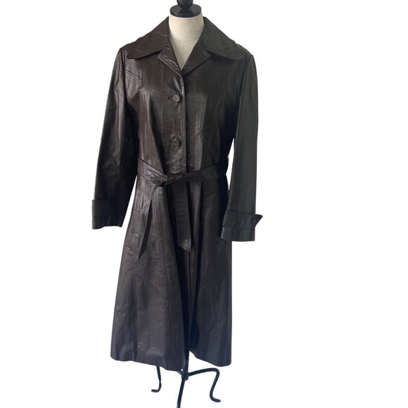 imperial Jackets & Blazers - Imperial Vintage Womens Trench Coat Size 10 Brown Glossy Leather Belted